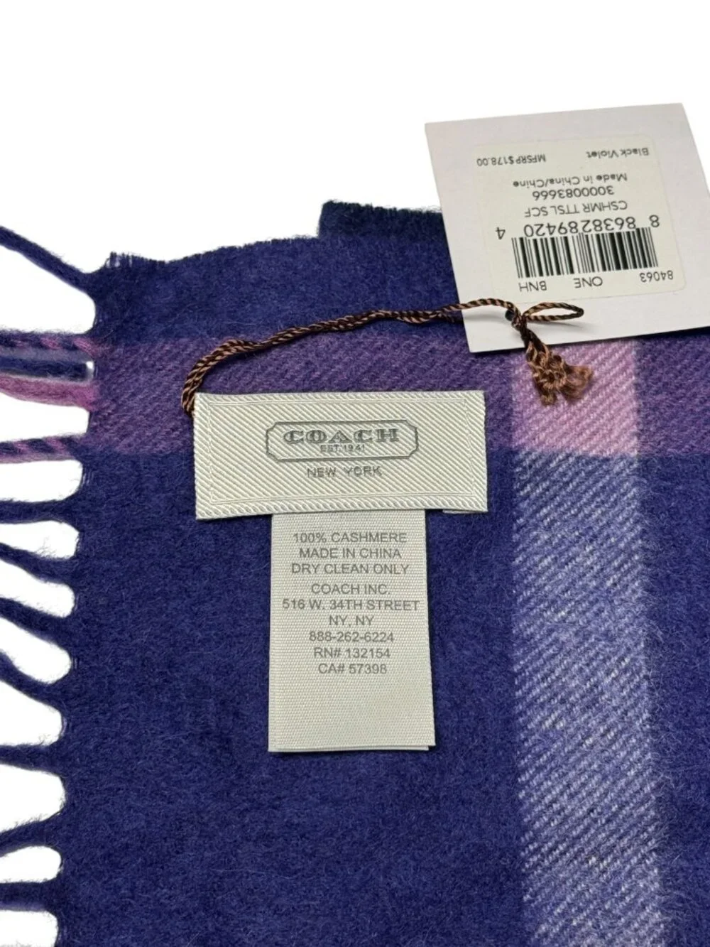🆕🏷️ Coach Signature Tattersall Cashmere Scarf Black/Violet NWT $178 Retail Tag